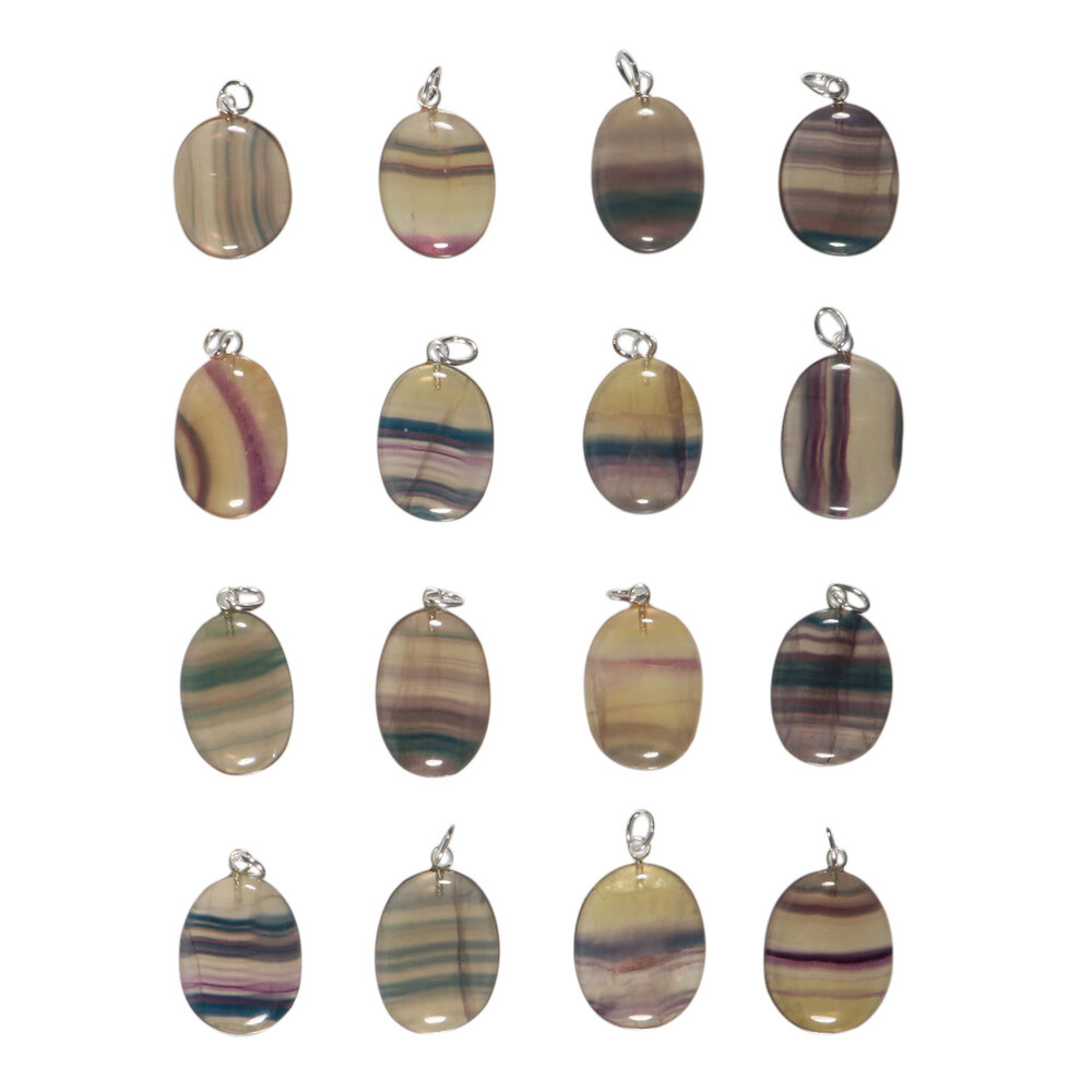 Fluoriet (regenboog) hanger ovaal met zilveren oogje Fluoriet (regenboog) hanger ovaal met zilveren oogje