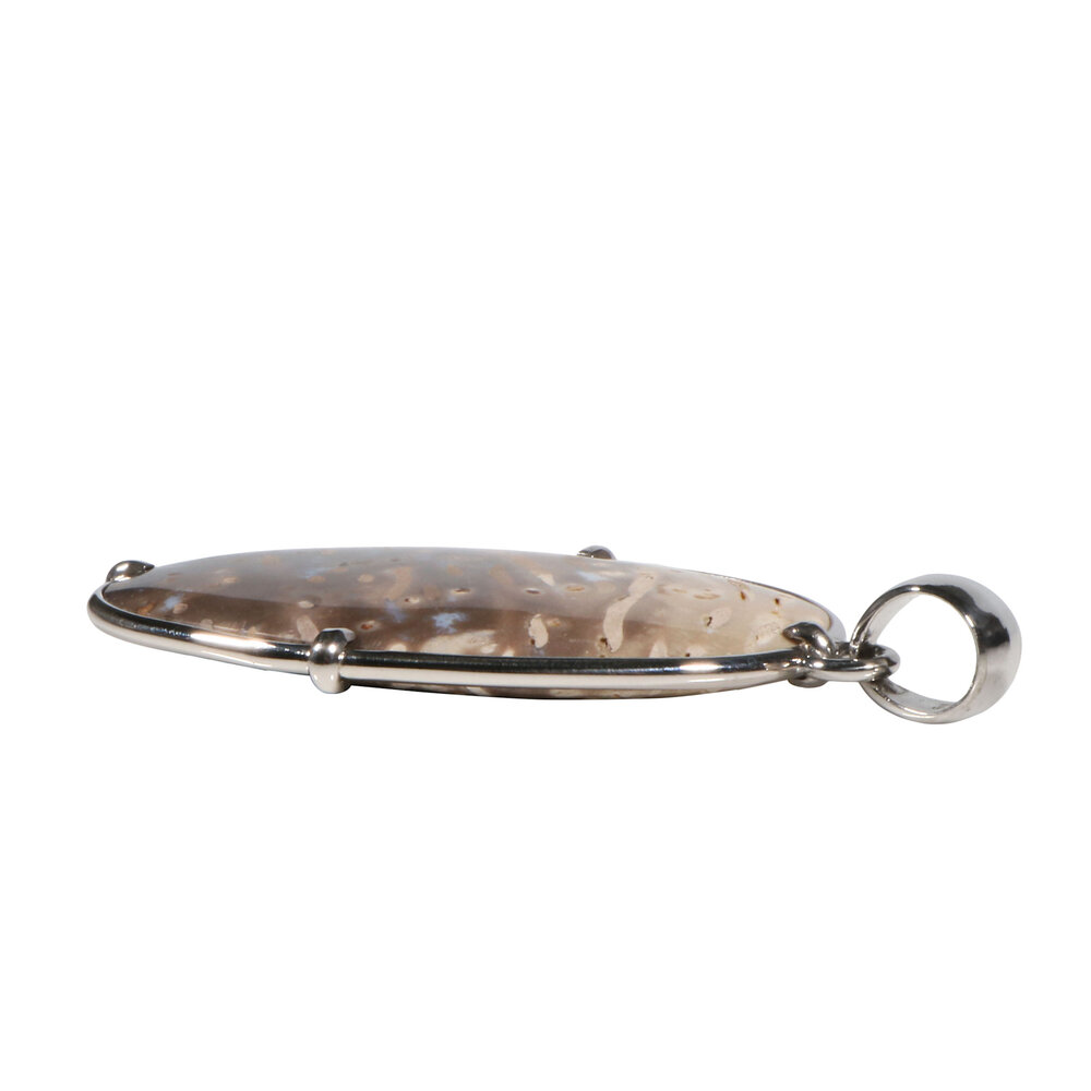 Zilveren hanger versteend palm hout | ovaal 4 x 2,7 cm