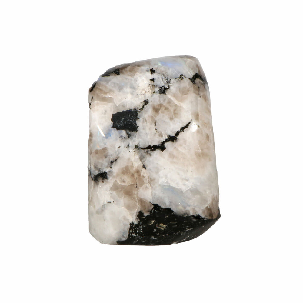 Maansteen (regenboog) met toermalijn sculptuur 7 x 5,5 x 4,5 cm | 337 gram Maansteen (regenboog) met toermalijn sculptuur 7 x 5,5 x 4,5 cm | 337 gram