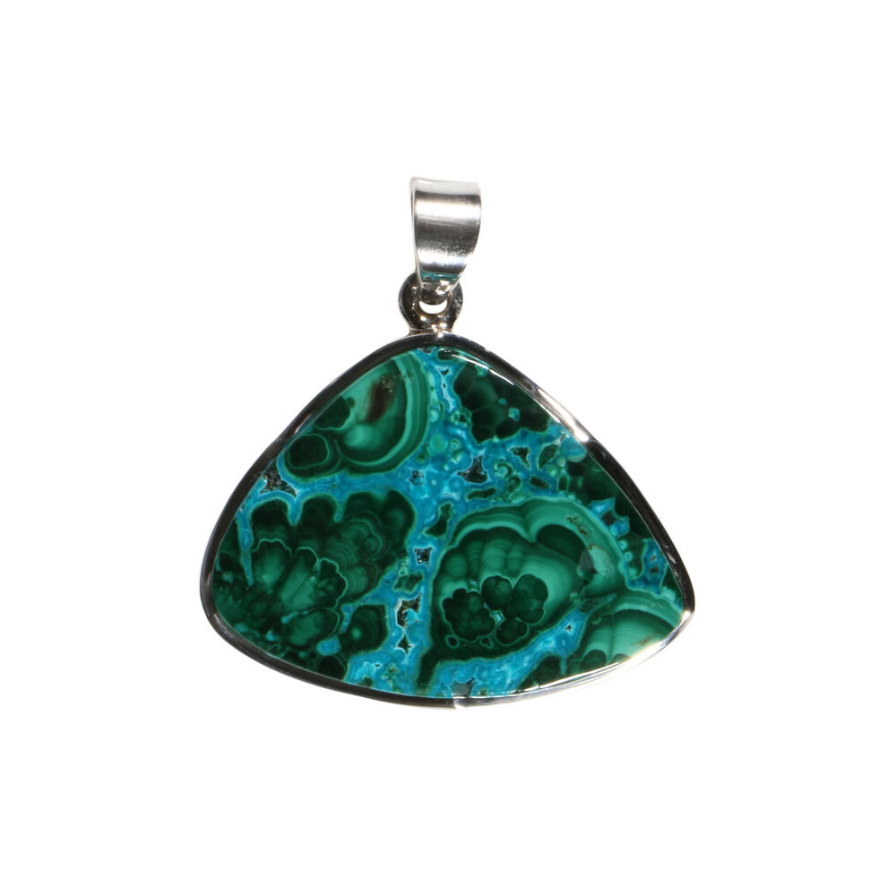 Zilveren hanger chrysocolla met malachiet | driehoek 2,5 x 3,5 cm