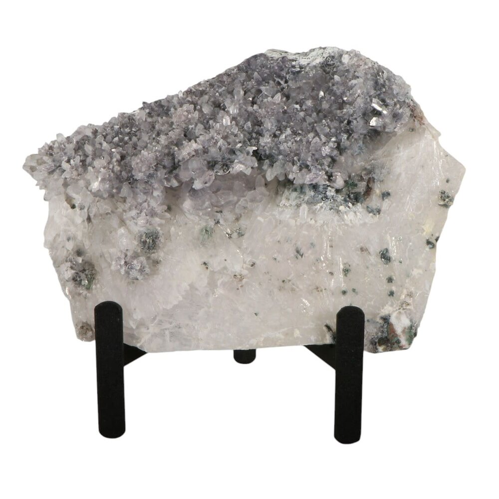 Amethist bloem met prasioliet cluster op standaard 15 x 11,5 x 1 cm | 425 gram Amethist bloem met prasioliet cluster op standaard 15 x 11,5 x 1 cm | 425 gram