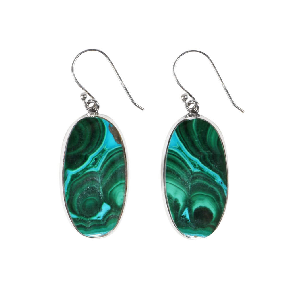 Zilveren oorbellen chrysocolla met malachiet | ovaal 2 x 1 cm