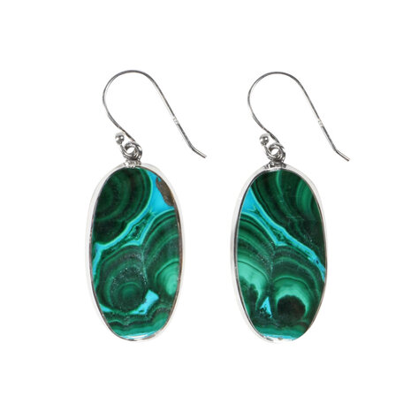 Zilveren oorbellen chrysocolla met malachiet | ovaal 2 x 1 cm
