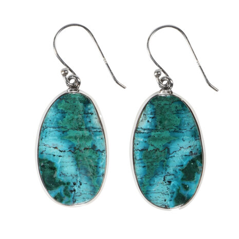 Zilveren oorbellen chrysocolla met malachiet | ovaal 2 x 1,2 cm