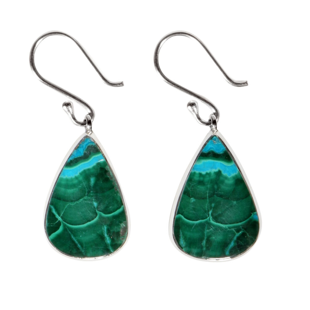 Zilveren oorbellen chrysocolla met malachiet | druppel 1,7 x 1,1 cm