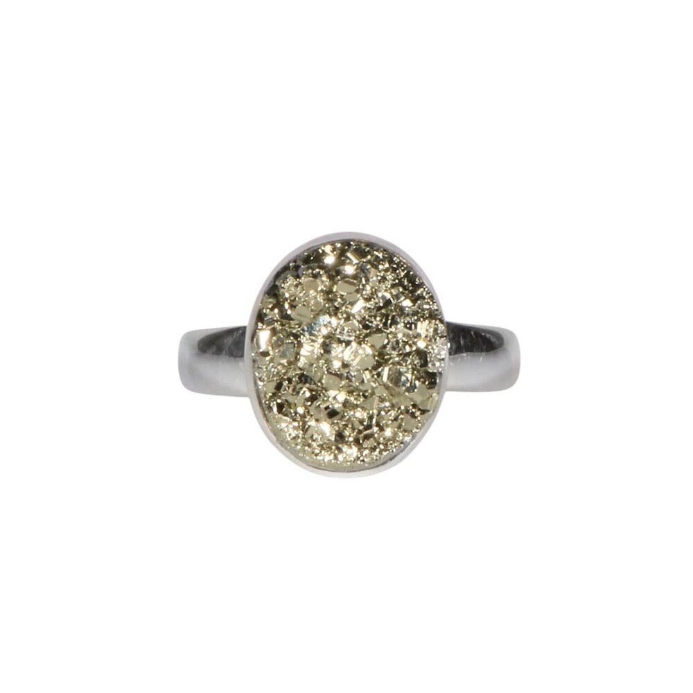 Zilveren ring pyriet maat 19 1/2 (verstelbaar) | ruw ovaal 1,4 x 1,1 cm