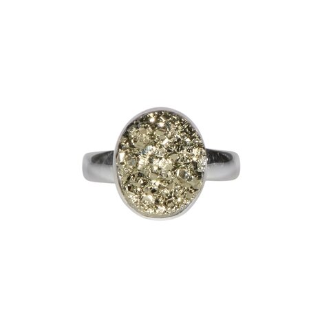 Zilveren ring pyriet maat 19 1/2 (verstelbaar) | ruw ovaal 1,4 x 1,1 cm