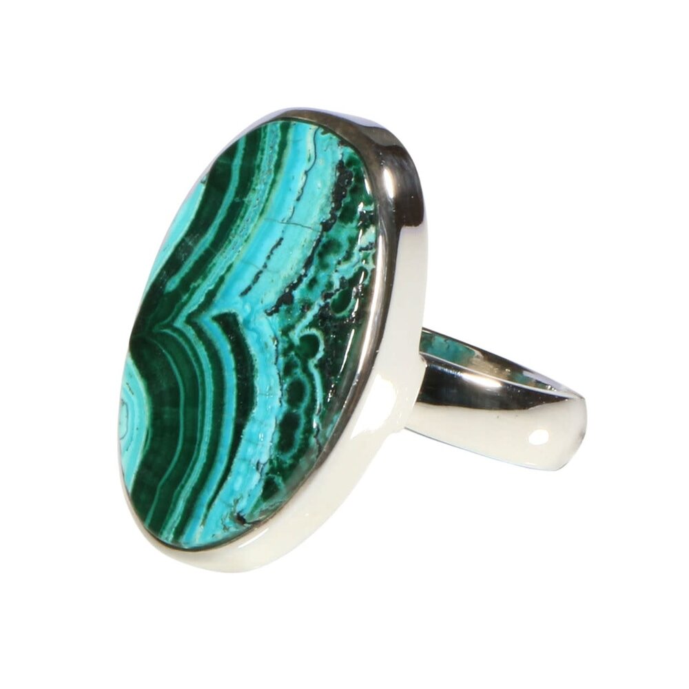 Zilveren ring malachiet met chrysocolla maat 18 (licht verstelbaar) | ovaal 2,4 x 1,5 cm Zilveren ring malachiet met chrysocolla maat 18 (licht verstelbaar) | ovaal 2,4 x 1,5 cm