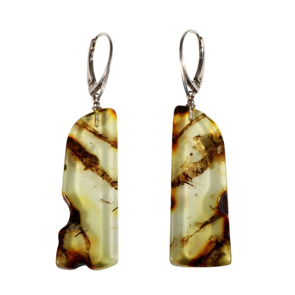 Zilveren oorbellen barnsteen | rechthoek 4,2 x 1,4 cm