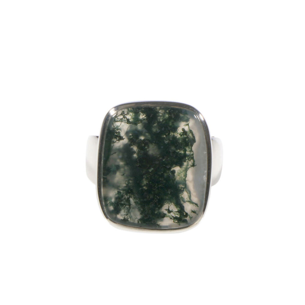 Zilveren ring mosagaat maat 19 | rechthoek 1,9 x 1,6 cm