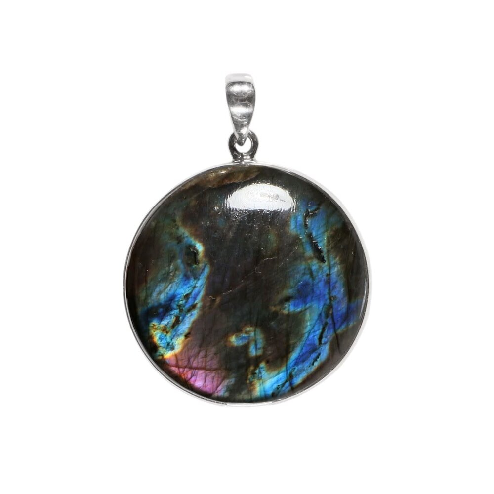 Zilveren hanger labradoriet (paars) | rond 3,3 cm