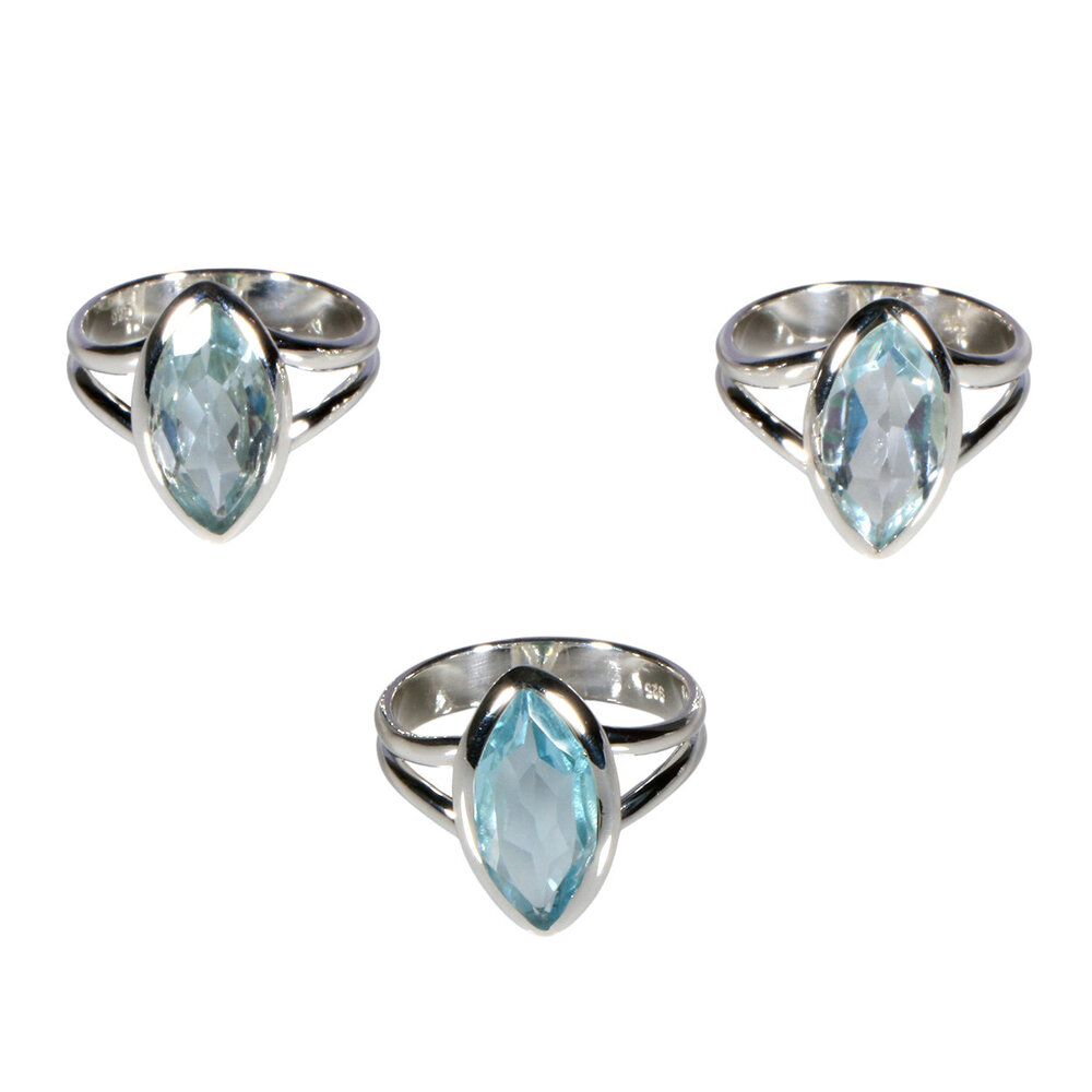 Zilveren ring topaas (blauw) maat 18 | markies facet 1,6 x 0,8 cm