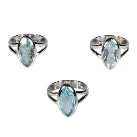 Zilveren ring topaas (blauw) maat 18 | markies facet 1,6 x 0,8 cm