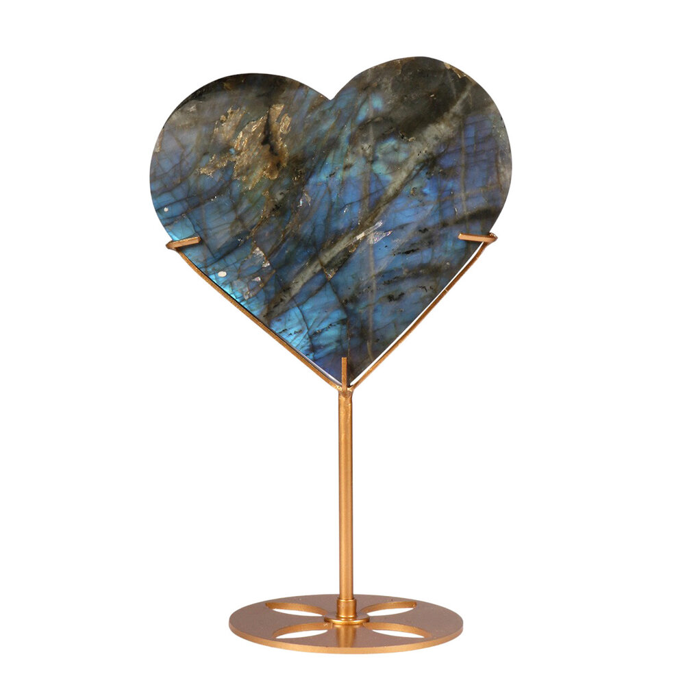 Labradoriet hart op standaard (goudkleurig) 12,7 x 13,5 x 1,8 cm | 715 gram