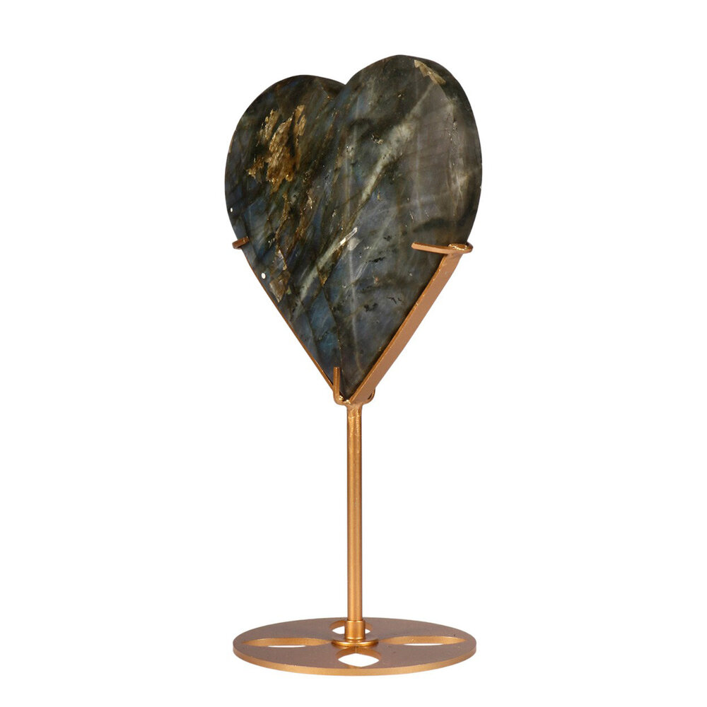 Labradoriet hart op standaard (goudkleurig) 12,7 x 13,5 x 1,8 cm | 715 gram