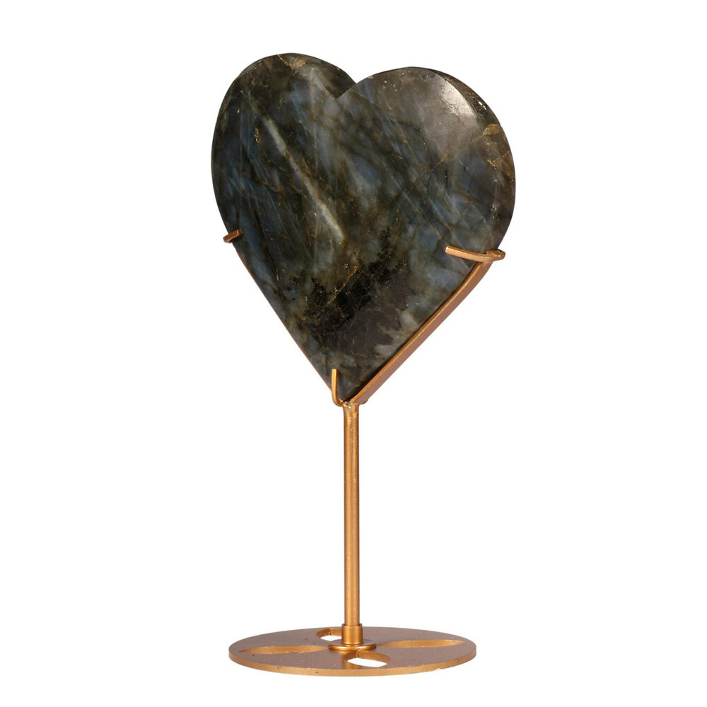 Labradoriet hart op standaard (goudkleurig) 12,7 x 13,5 x 1,8 cm | 715 gram