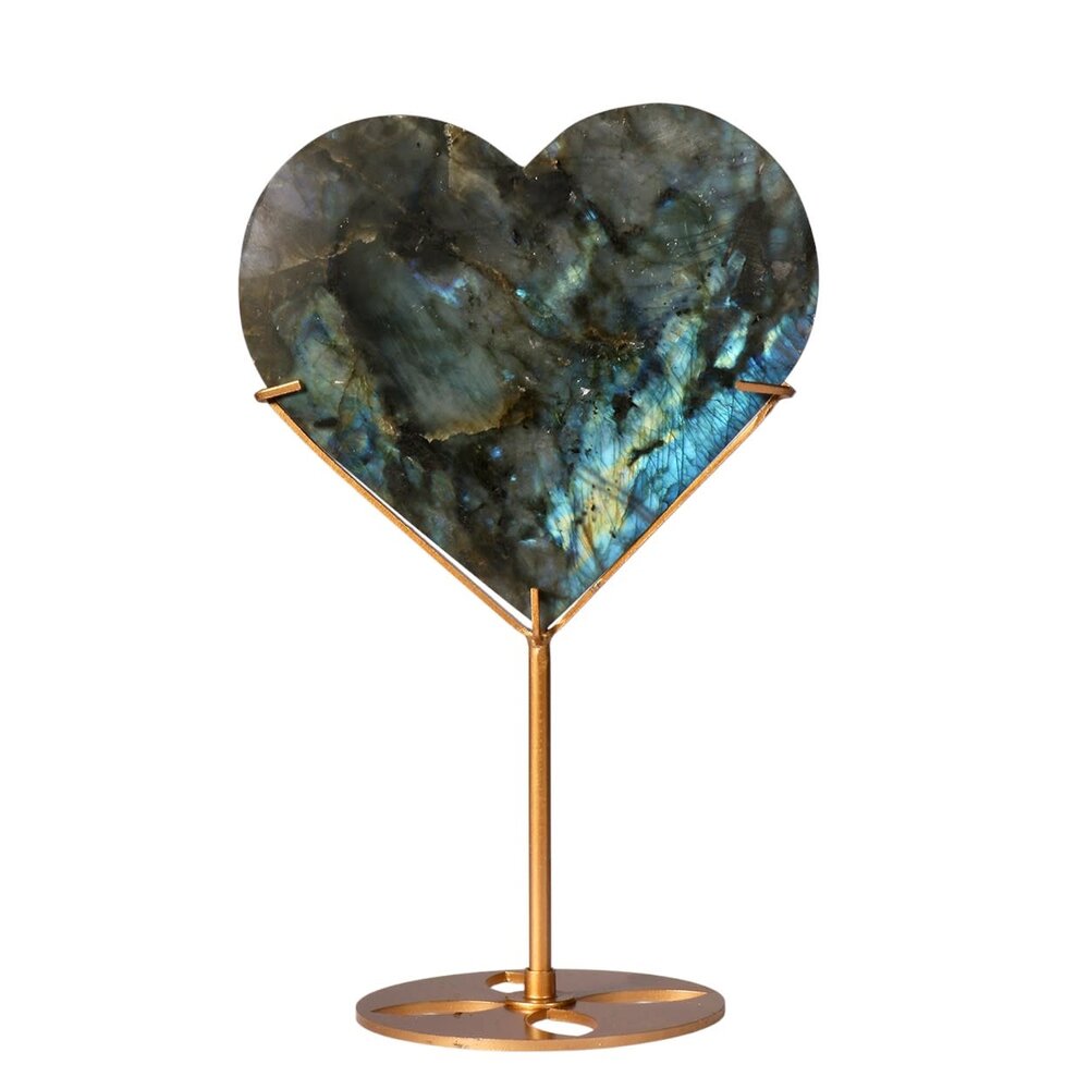 Labradoriet hart op standaard (goudkleurig) 12,7 x 14 x 1,9 cm | 551 gram