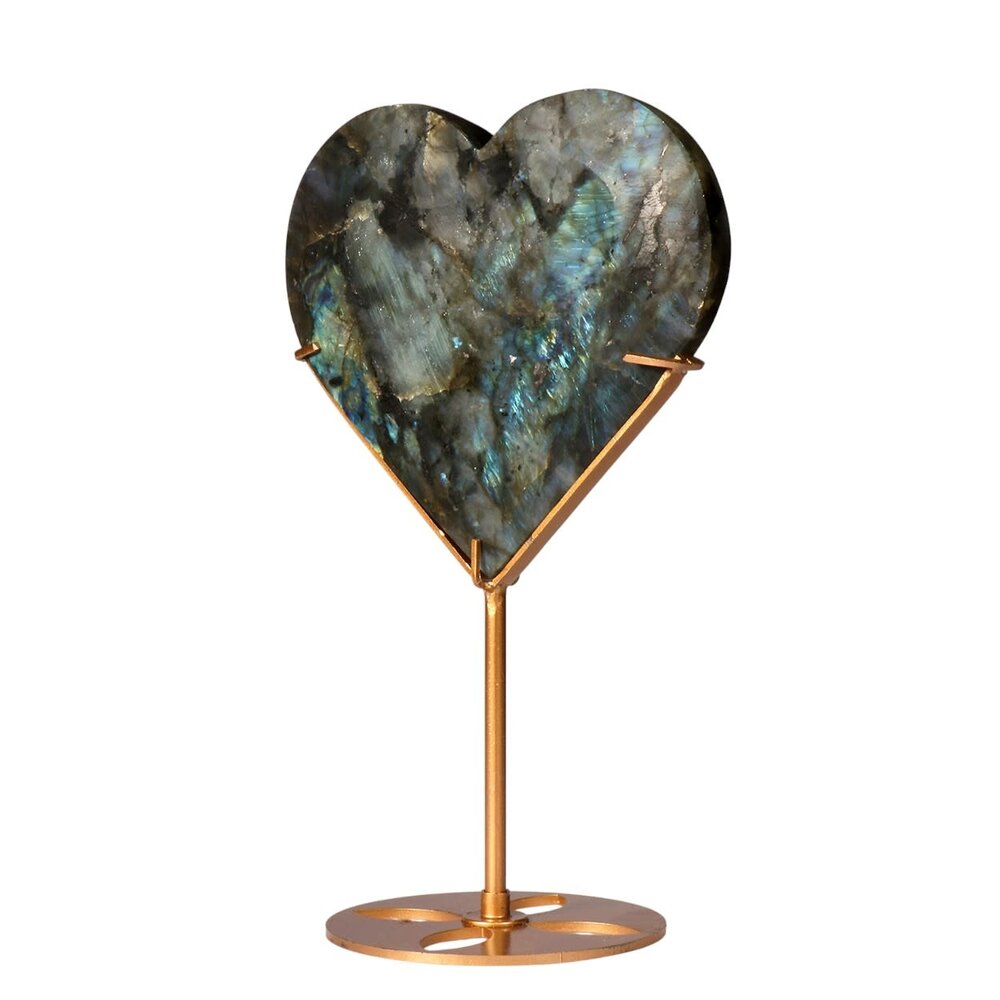 Labradoriet hart op standaard (goudkleurig) 12,7 x 14 x 1,9 cm | 551 gram