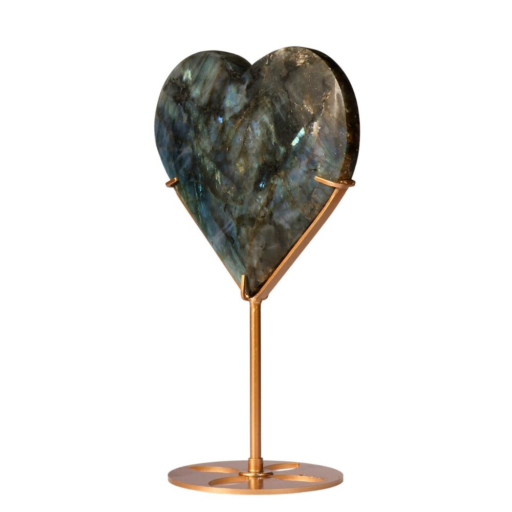 Labradoriet hart op standaard (goudkleurig) 12,7 x 14 x 1,9 cm | 551 gram