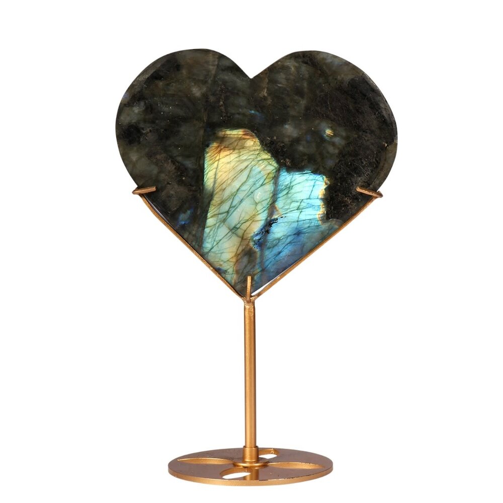 Labradoriet hart op standaard (goudkleurig) 11,8 x 13,5 x 1,5 cm | 524 gram