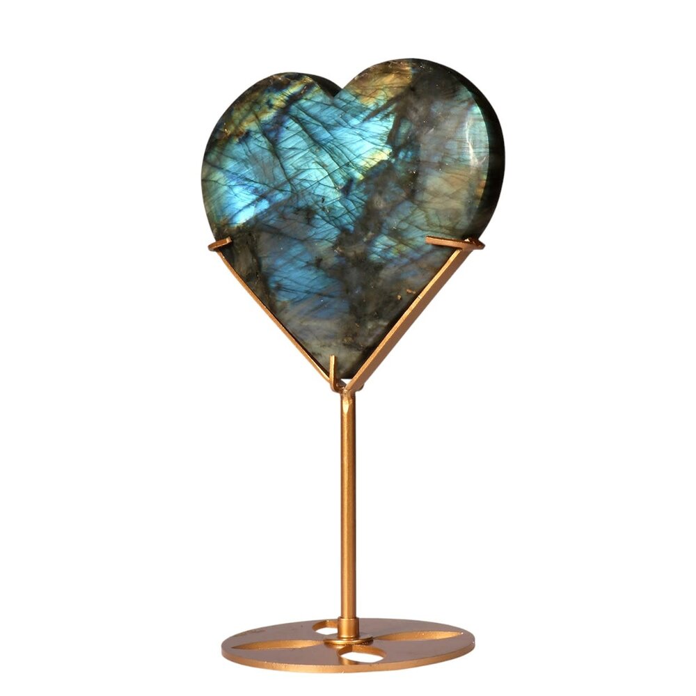 Labradoriet hart op standaard (goudkleurig) 11,2 x 12,8 x 1,9 cm | 580 gram