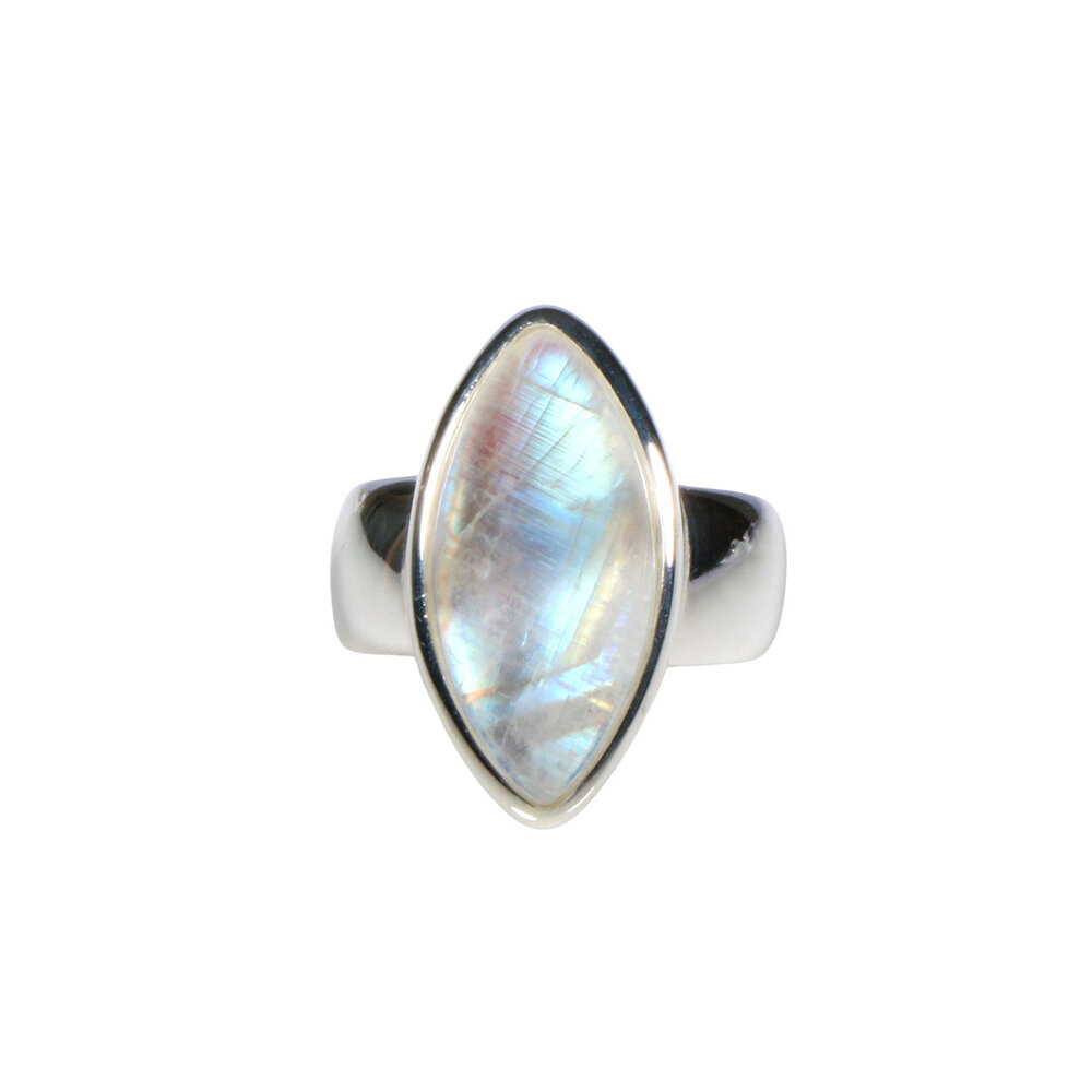 Zilveren ring maansteen (regenboog) maat 16 1/2 | markies 2 x 1 cm