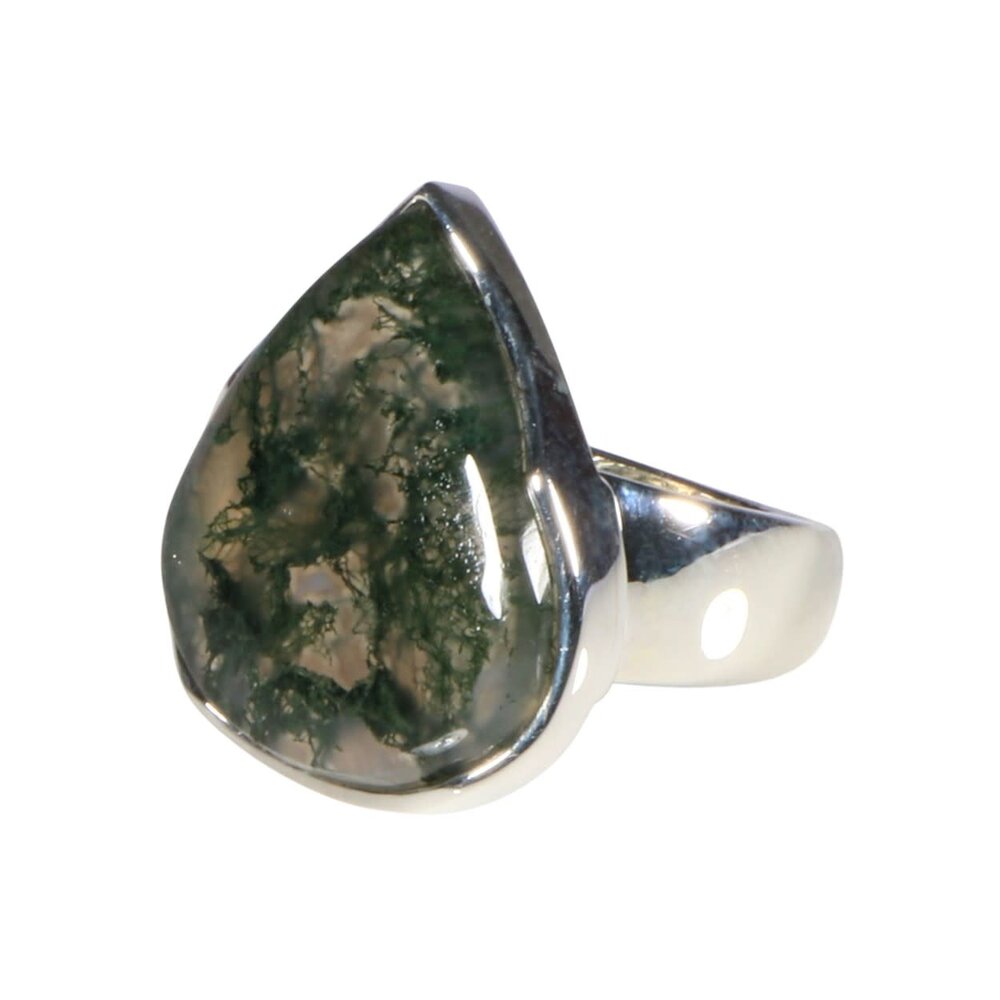 Zilveren ring mosagaat maat 19 | druppel 2,3 x 2,2 cm