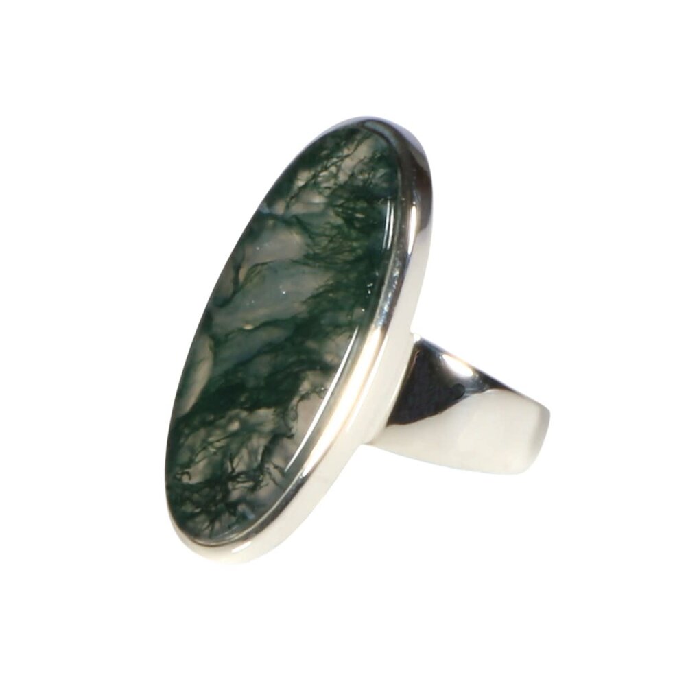 Zilveren ring mosagaat maat 18 1/2 | ovaal 3 x 1,5 cm