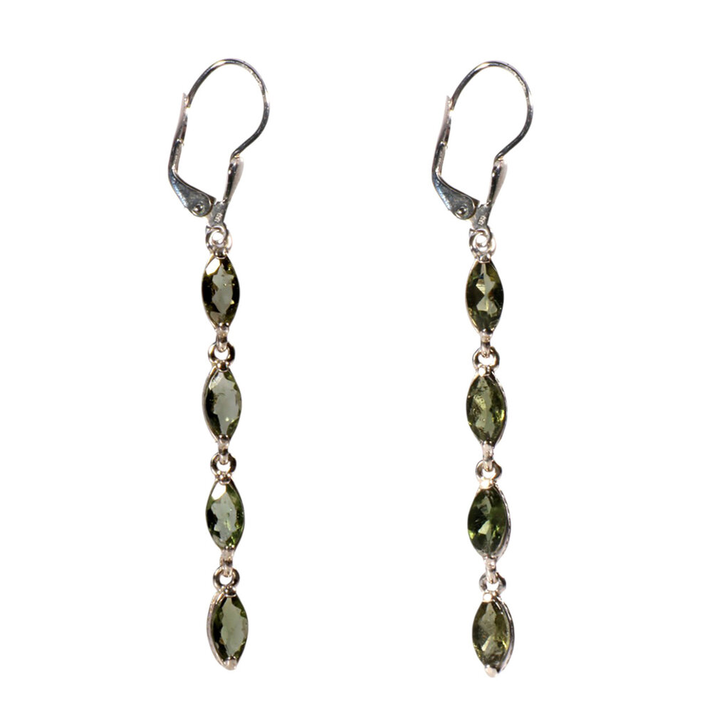 Zilveren oorbellen moldaviet| lang markies gezet 4,5 cm