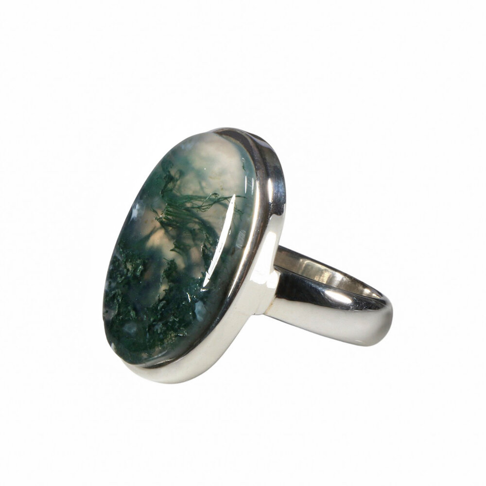 Zilveren ring mosagaat maat 18 (licht verstelbaar) | ovaal 2,3 x 1,4 cm