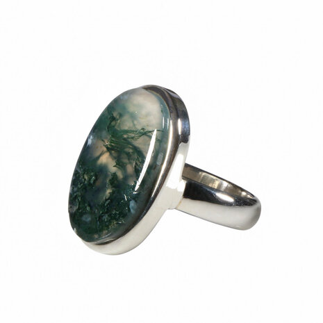 Zilveren ring mosagaat maat 18 (licht verstelbaar) | ovaal 2,3 x 1,4 cm