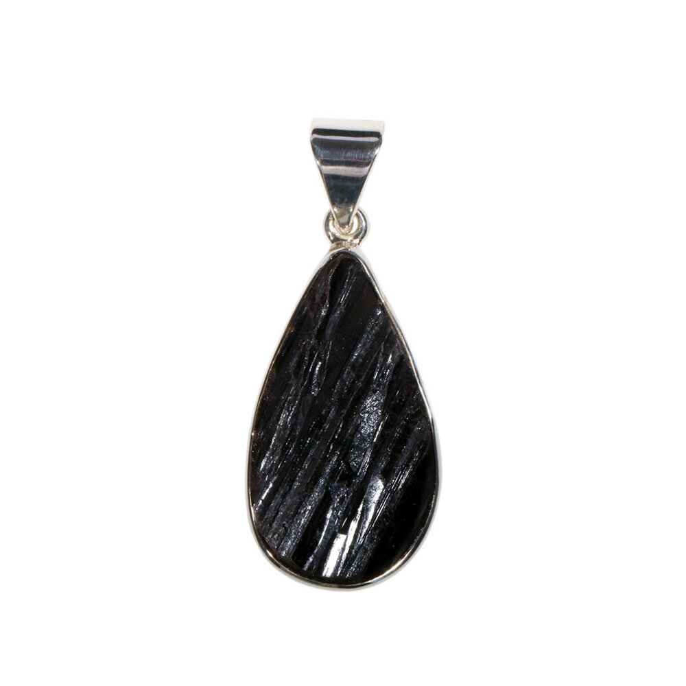 Zilveren hanger toermalijn (zwart) ruw | druppel 2,7 x 1,6 cm