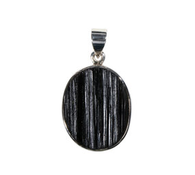 Zilveren hanger toermalijn (zwart) ruw | ovaal 2,6 x 2,1 cm