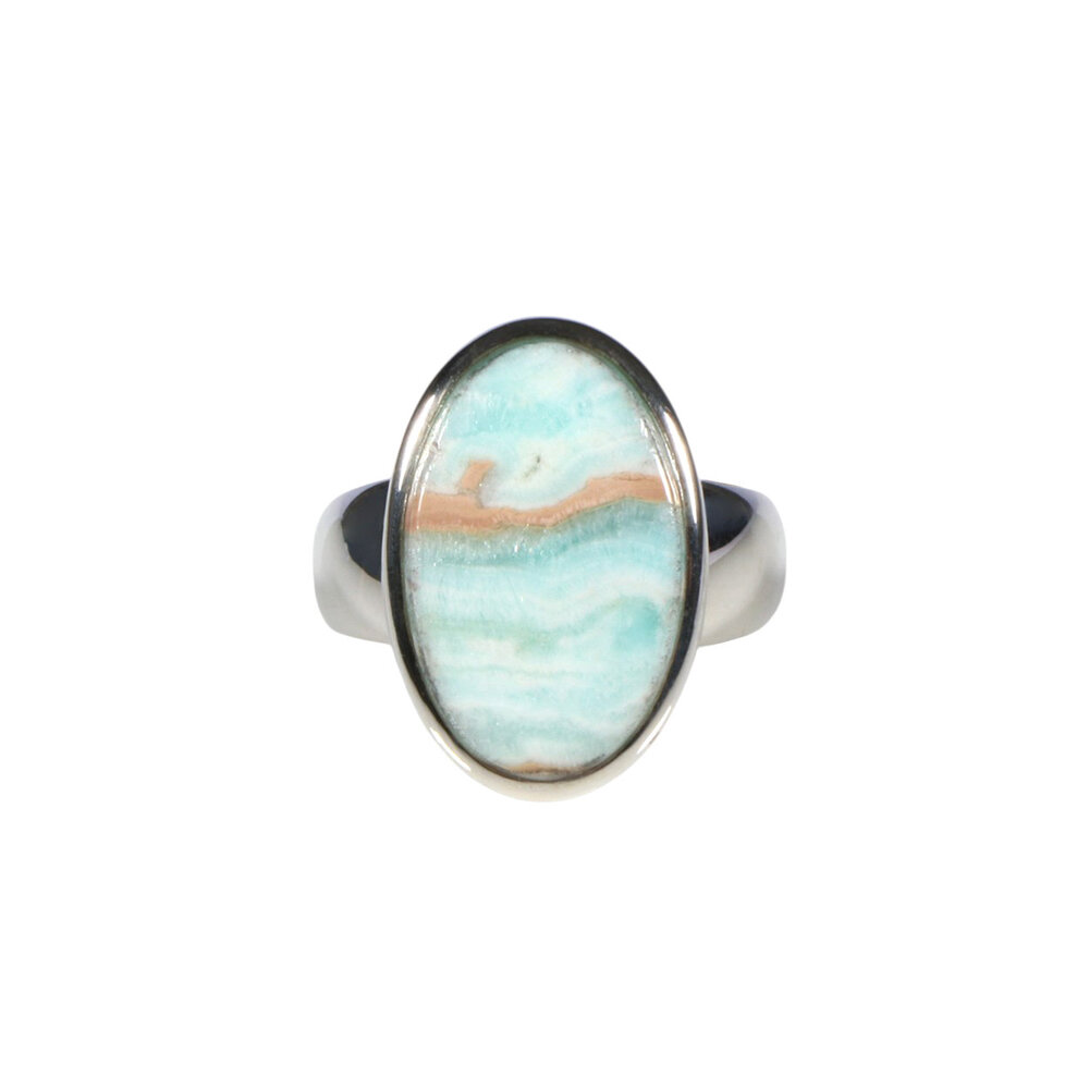 Zilveren ring calciet (Caribbean blue) maat 18 | ovaal 1,9 x 1,2 cm