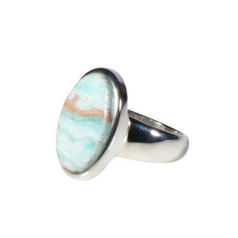 Zilveren ring calciet (Caribbean blue) maat 18 | ovaal 1,9 x 1,2 cm
