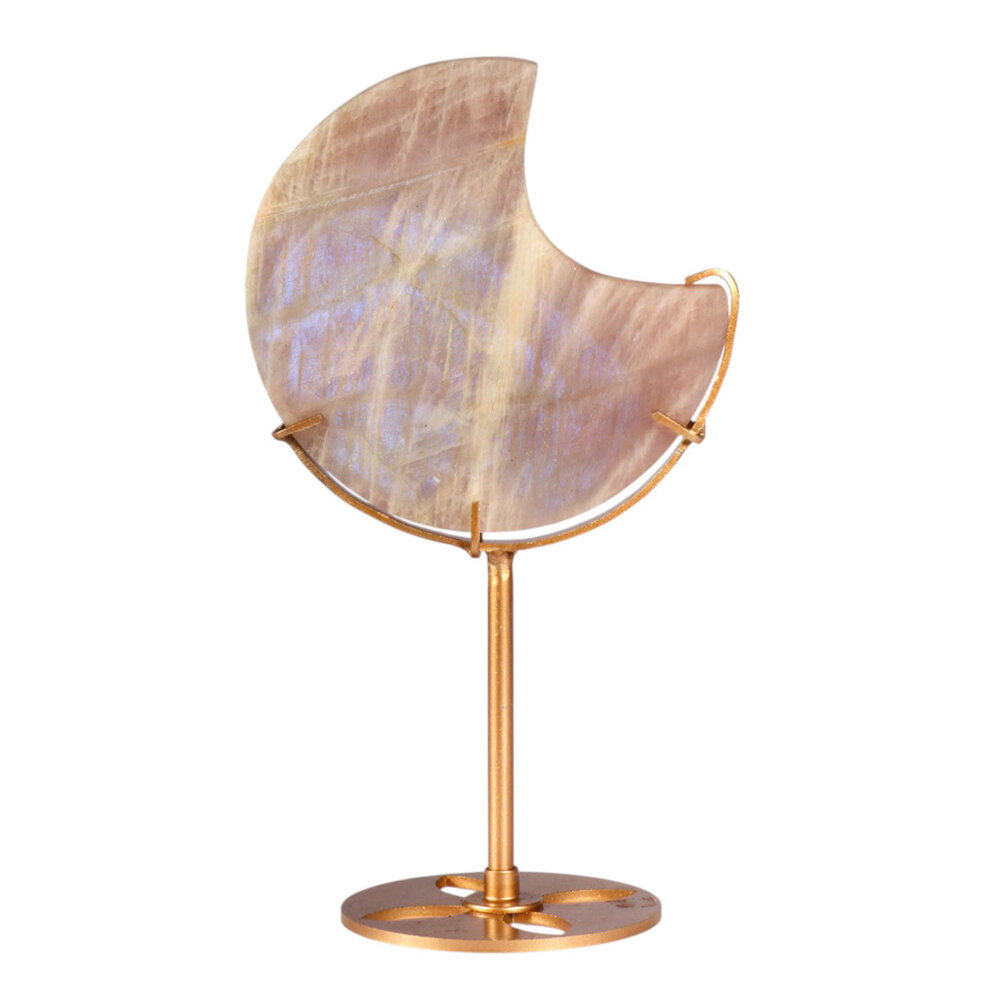 Maansteen maan op standaard (goudkleurig ) 10,5 x 10,4 x 1,5 cm | 317 gram