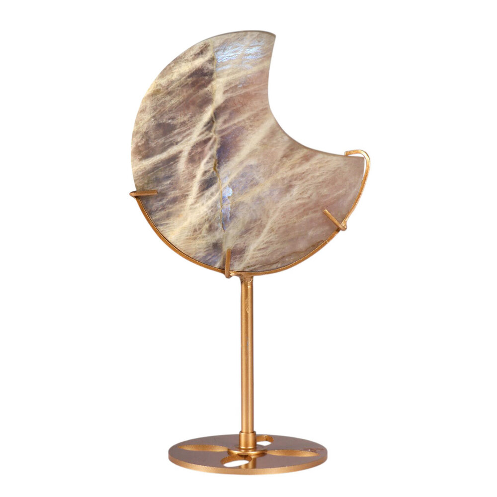 Maansteen maan op standaard (goudkleurig ) 10 x 9,2 x 1,4 cm | 328 gram Maansteen maan op standaard (goudkleurig ) 10 x 9,2 x 1,4 cm | 328 gram