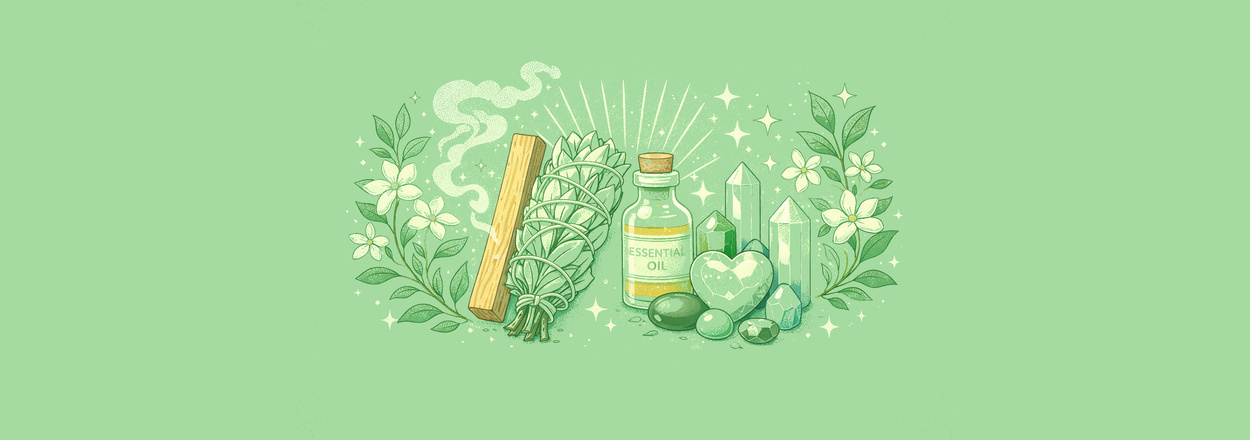 Energetische voorjaarsschoonmaak met edelstenen, etherische olie, salie en palo santo