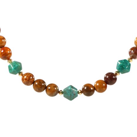 Gold filled ketting versteend palmhout met turkoois bicones