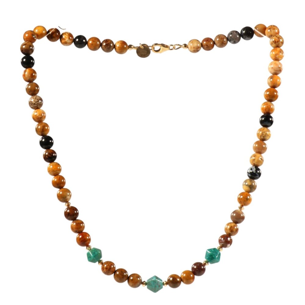 Gold filled ketting versteend palmhout met turkoois bicones