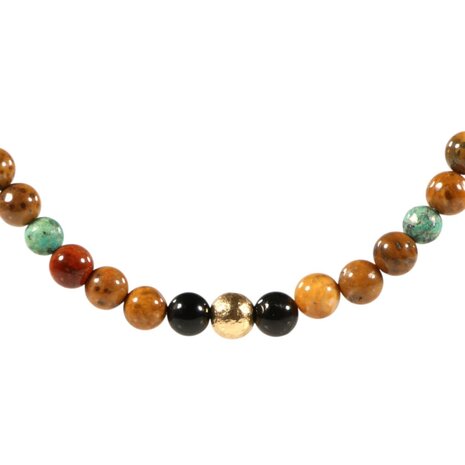 Gold filled ketting versteend palmhout met Tibetaanse turkoois kralen