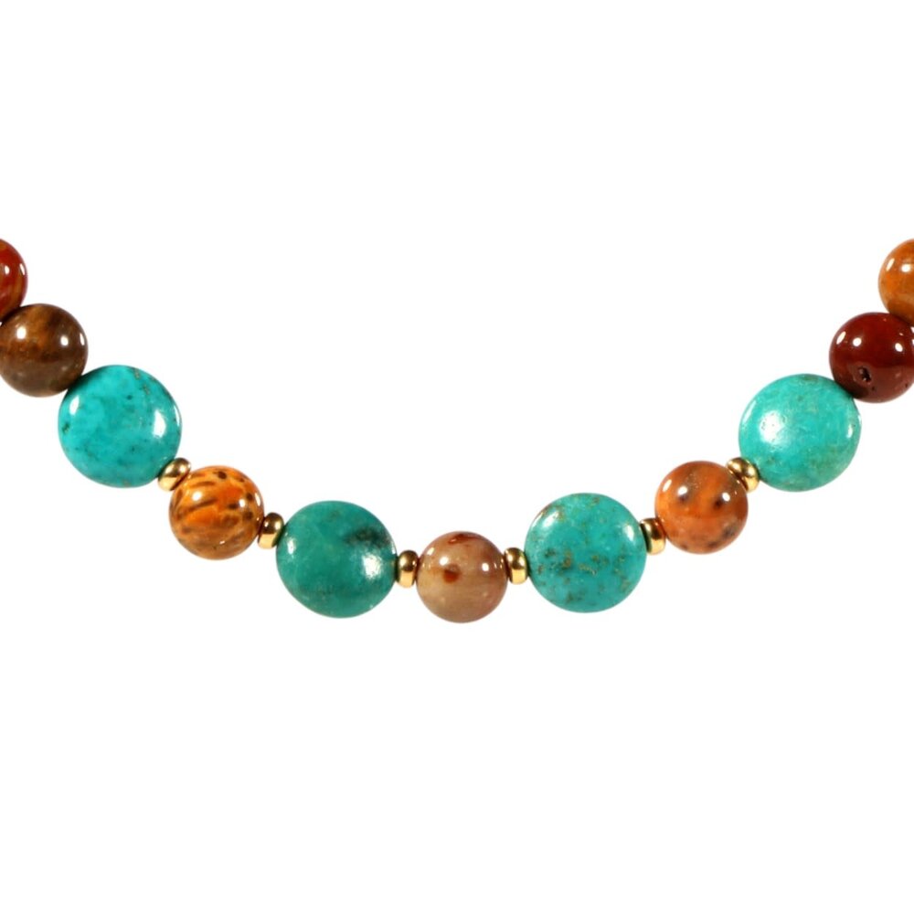 Gold filled ketting versteend palmhout met turkoois coins