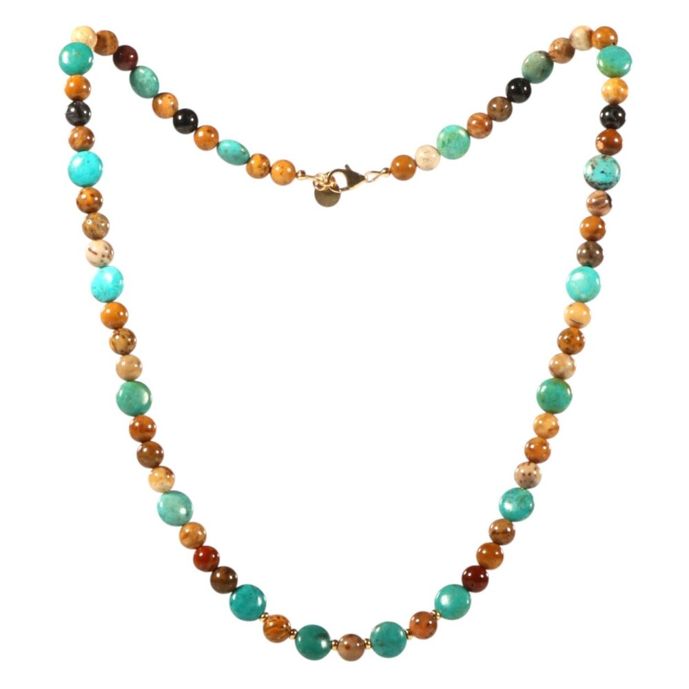 Gold filled ketting versteend palmhout met turkoois coins