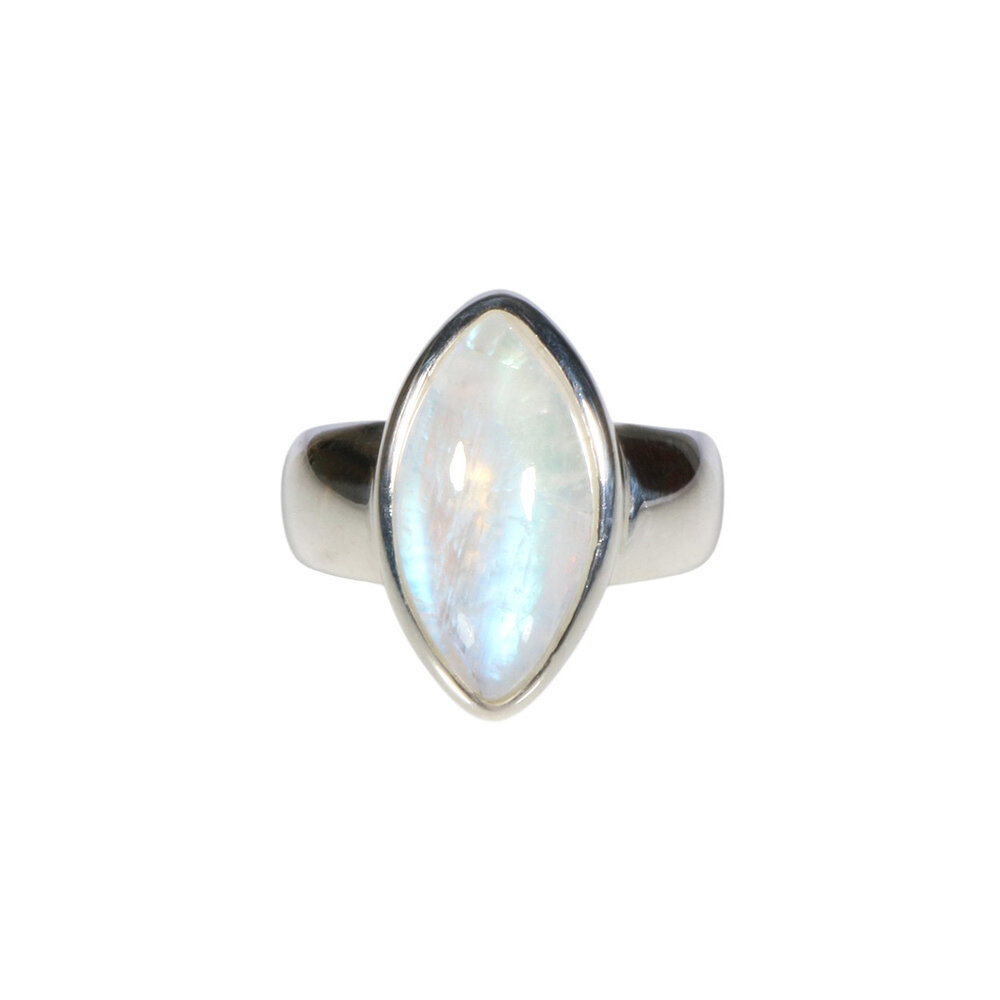 Zilveren ring maansteen (regenboog) maat 17 1/2 | markies 1,9 x 0,9 cm