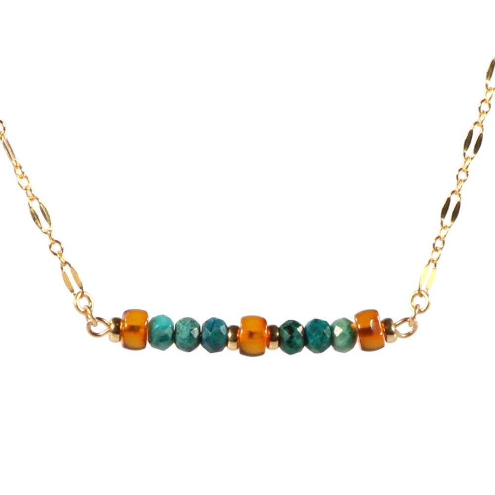 Gold filled ketting met barnsteen en chrysocolla rondelles