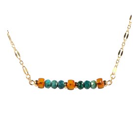 Gold filled ketting met barnsteen en chrysocolla rondelles