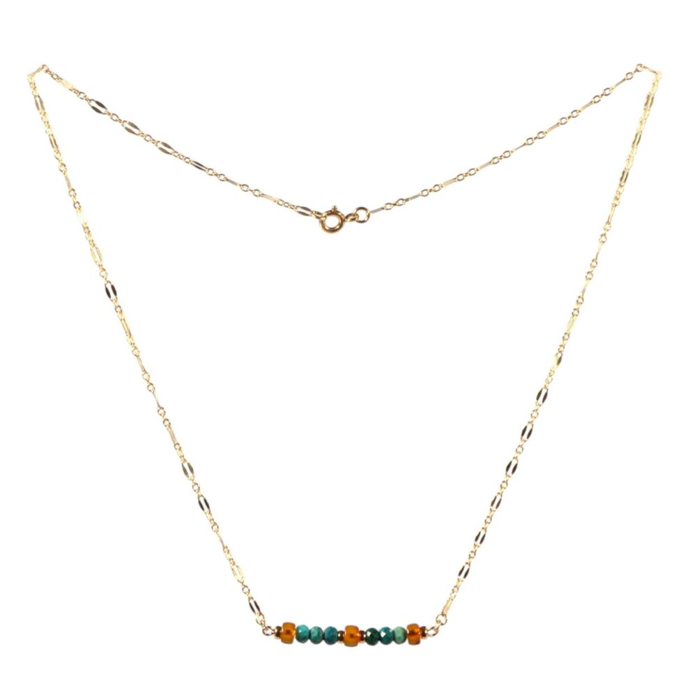 Gold filled ketting met barnsteen en chrysocolla rondelles