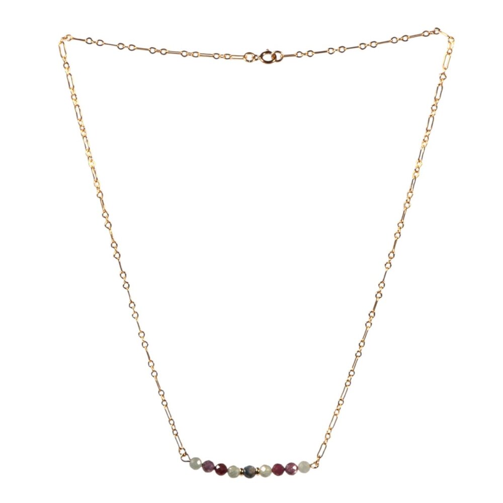 Gold filled ketting met robijn en saffier facet kralen