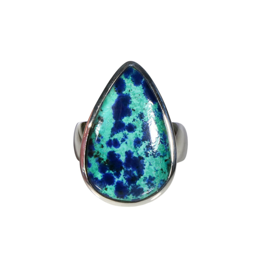 Zilveren ring turkoois met azuriet maat 18 | druppel 2,4 x 1,6 cm