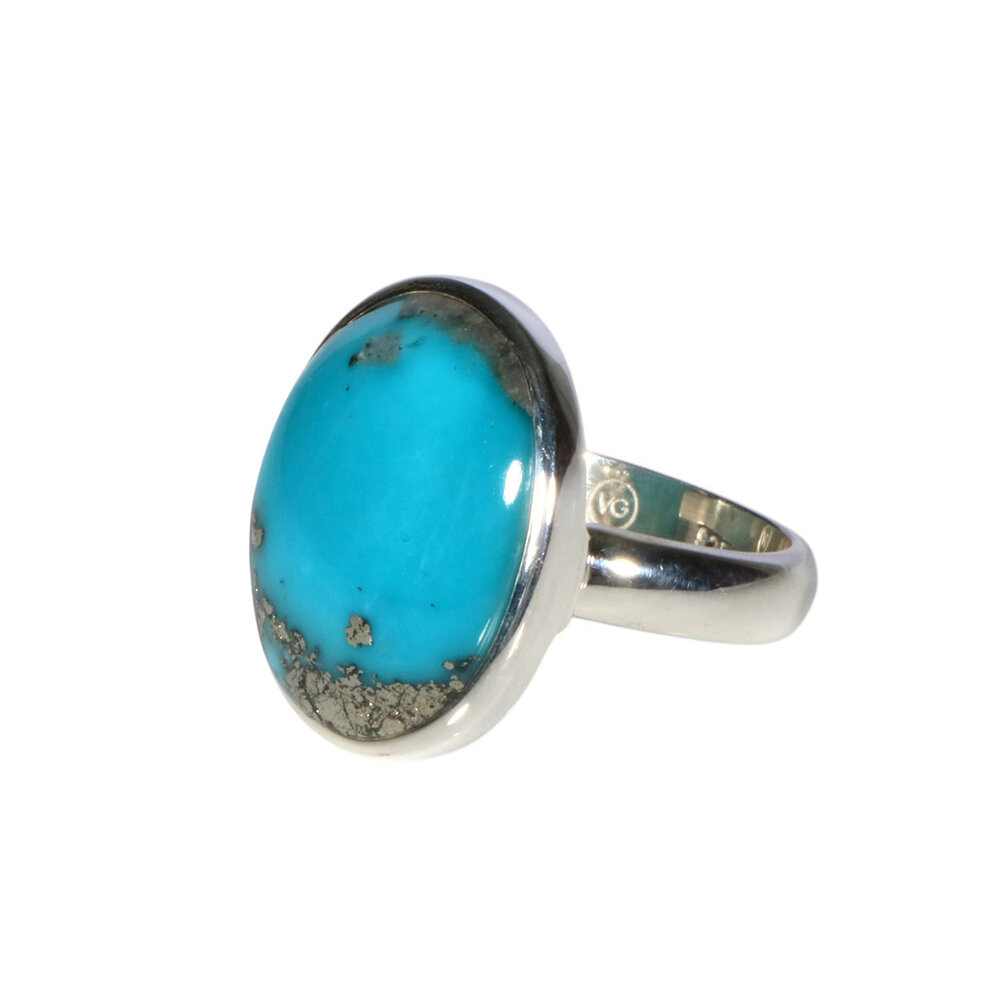 Zilveren ring turkoois met pyriet maat 18 1/2 (licht verstelbaar)| ovaal 2,1 x 1,7 cm